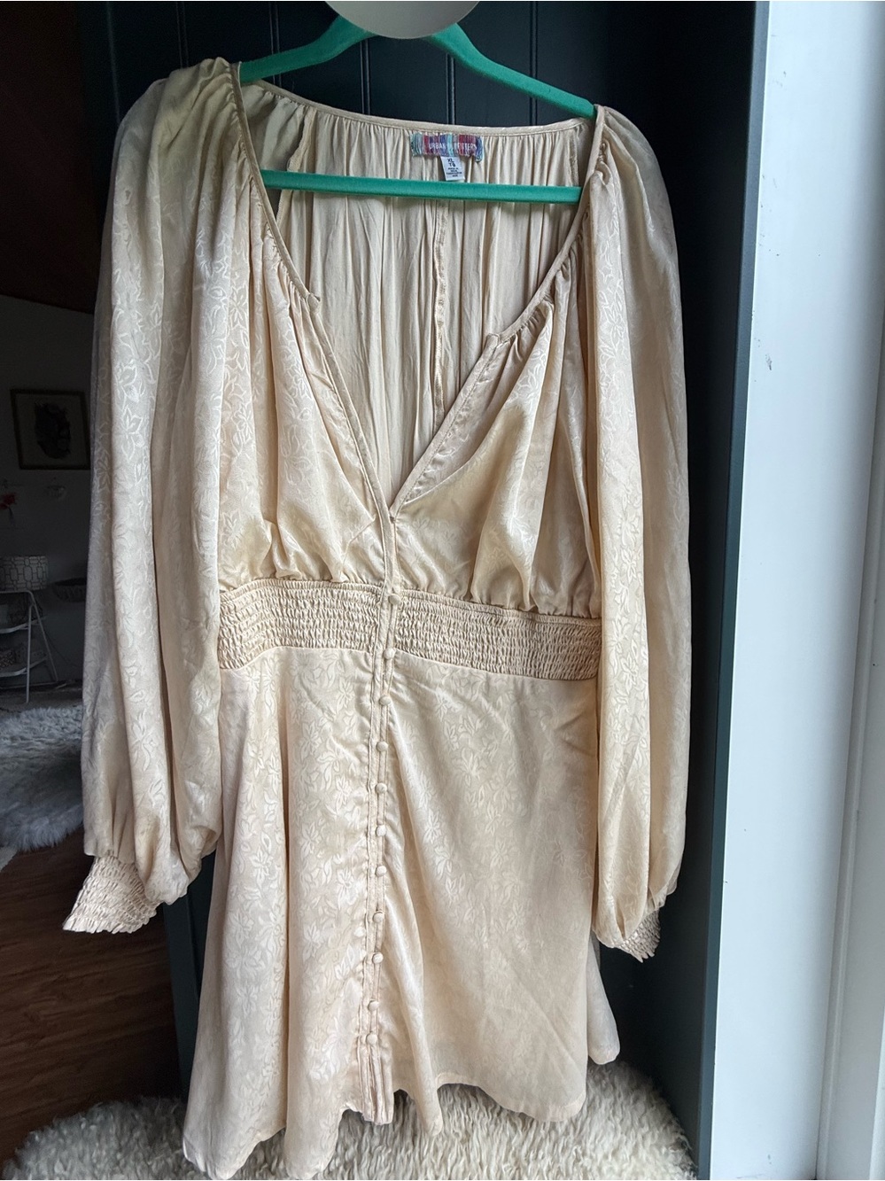 Size XL | Cream Ballon Long-Sleeve V-Neck Dress | Urban Outfitters